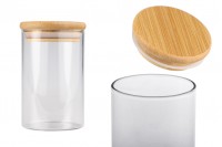 Glass jar 250 ml in cylindrical shape with wooden cap and rubber