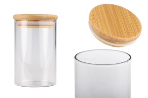 Glass jar 250 ml in cylindrical shape with wooden cap and rubber-εικόνα_προϊοντική