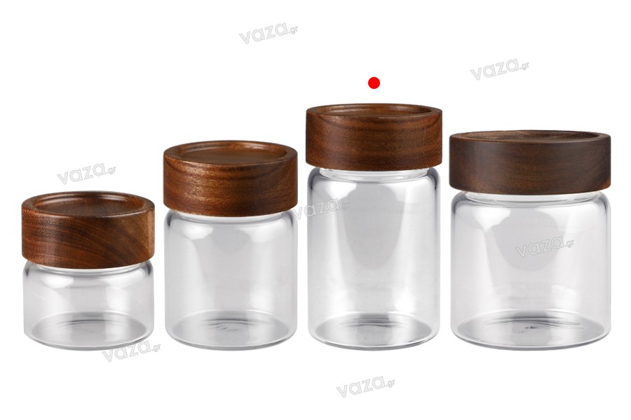 Glass jar 220 ml in cylindrical shape with wooden cap