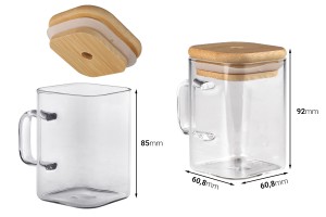 Glass jar 230 ml squared with wooden cap and hole for straw-εικόνα_διαστάσεις