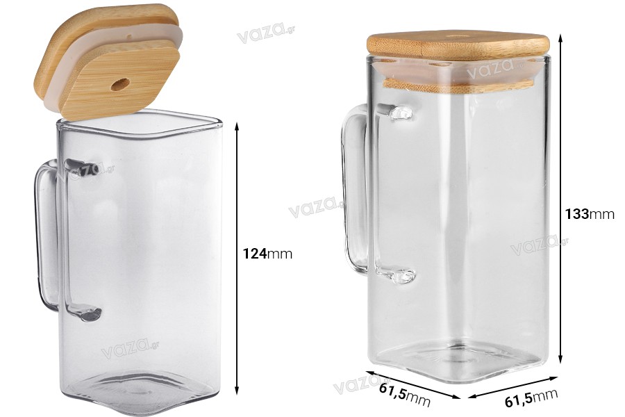 Glass jar 350 ml squared with wooden cap and hole for straw