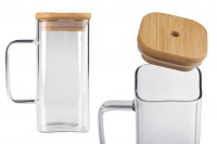 Glass jar 350 ml squared with wooden cap and hole for straw