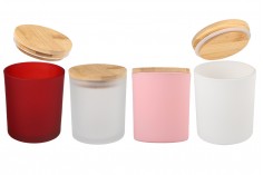 Glass jar 300 ml with wooden cap and rubber in different colors