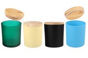 Glass jar 300 ml with wooden cap and rubber in different colors