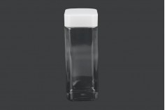 Barattolo quadrato per sali da 750 ml,  trasparente in plastica (PET) con tappo bianco e sigillo ad alta frequenza.