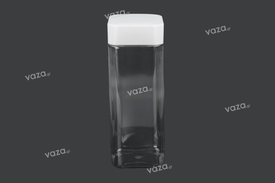 Βάζο για άλατα 750 ml, τετράγωνο, διάφανο, πλαστικό (PET) με άσπρο καπάκι και υψίσυχνο παρέμβυσμα