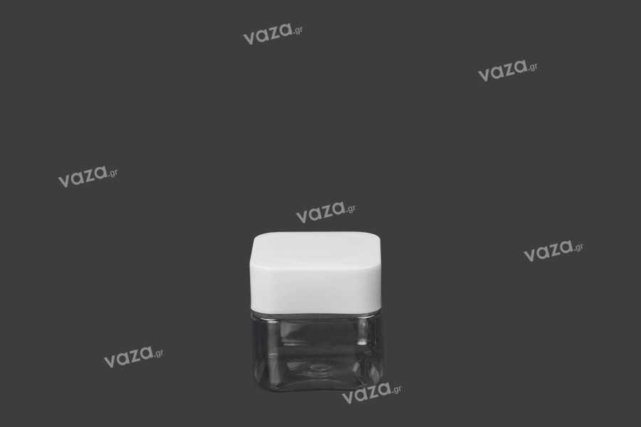 Pot carré pour les sels de bains de 225ml transparent, en plastique (PET) avec couvercle blanc et joint haute pression