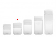 Pot carré pour les sels de bains de 280ml transparent, en plastique (PET) avec couvercle blanc et joint haute pression