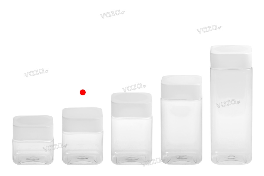 Pot carré pour les sels de bains de 280ml transparent, en plastique (PET) avec couvercle blanc et joint haute pression