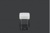 Pot carré pour les sels de bains de 400ml transparent, en plastique (PET) avec couvercle blanc et joint haute pression