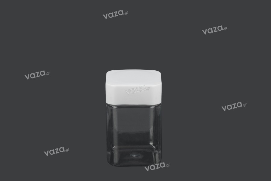 Transparent 400ml square PET jar with white cap and high-frequency inner liner