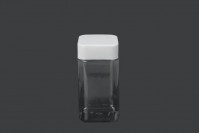 Pot carré pour sels de bain, PET de 520 ml transparent avec couvercle blanc et joint