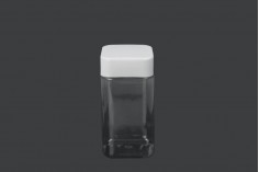 Pot carré pour les sels de bains de 520ml transparent, en plastique (PET) avec couvercle blanc et joint haute pression