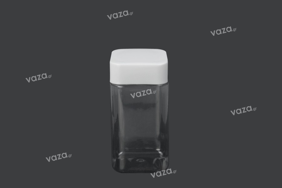Pot carré pour les sels de bains de 520ml transparent, en plastique (PET) avec couvercle blanc et joint haute pression