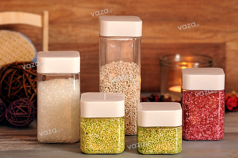 Transparent 280ml square PET jar with white cap and high-frequency inner liner