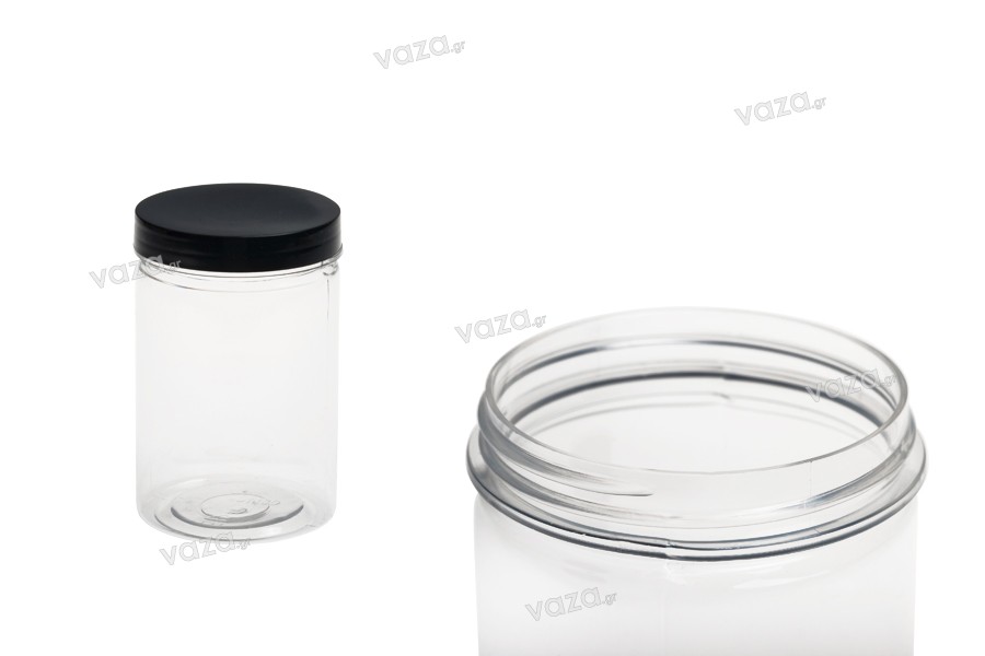 Borcan de plastic pentru săruri 250 ml, transparent, cu capac negru 65x100 mm