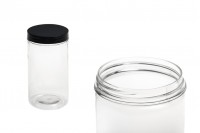Transparent 350ml plastic jar for bath salts with black cap in size  65x120 mm
