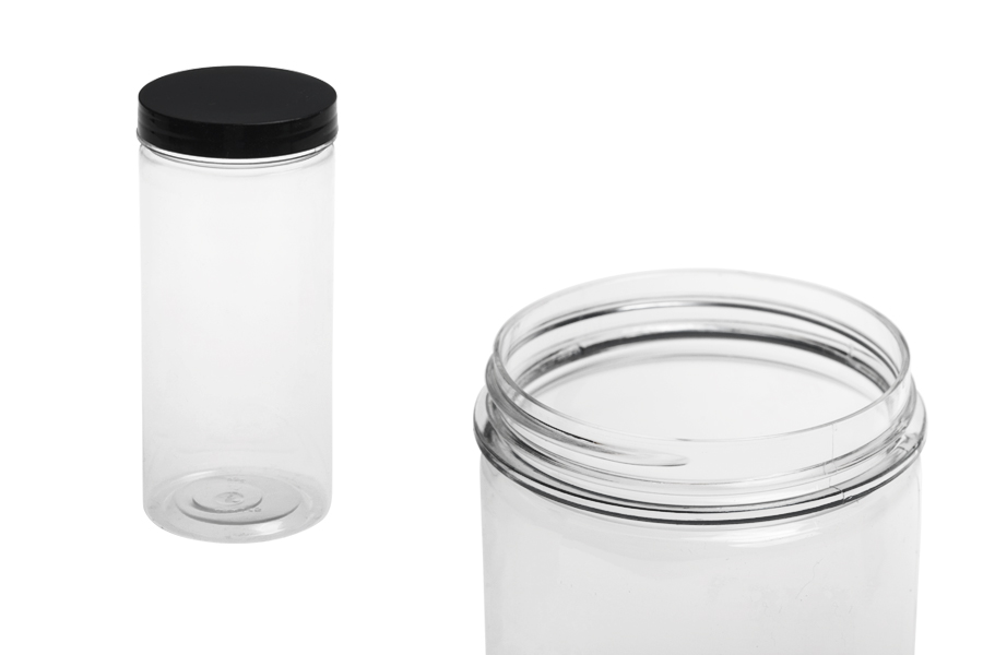 Pot en PET cylindrique transparent 400 ml avec couvercle à vis en plastique  noir 70/400