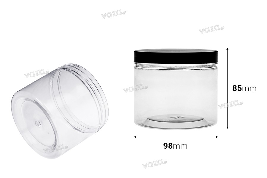 Transparent 550 ml plastic PET jar for bath salts with black cap