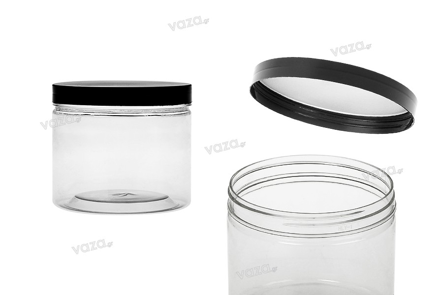 Transparent 550 ml plastic PET jar for bath salts with black cap