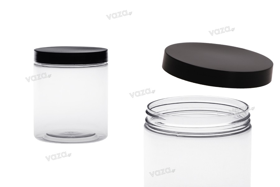 Transparent 500ml plastic jar for bath salts with black cap in size  83x100 mm