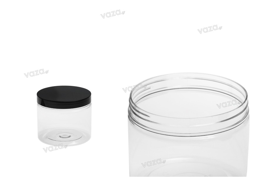 Pot pour sels de 500ml en plastique transparent avec couvercle noir 100 x 83 mm