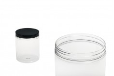 Borcan pentru săruri 750 ml de plastic, transparent, cu capac negru 100x120 mm