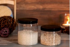 Transparent 750ml plastic jar for bath salts with black cap in size  100x120 mm