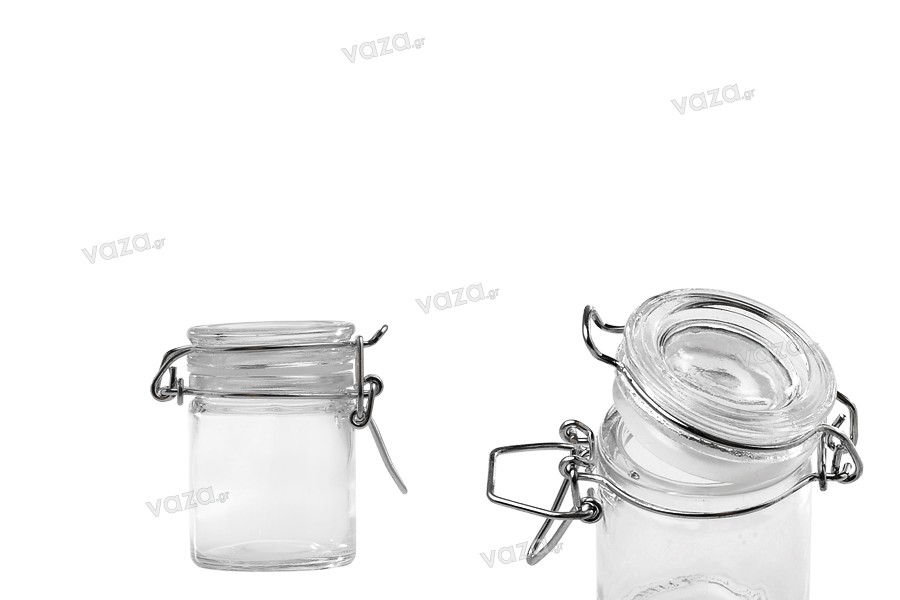 40ml round glass jar with airtight lid in size 64x45 mm (lid with transparent rubber seal and stainless wire)