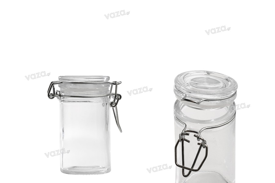 Sticlă de sticlă de 60 ml cu sticlă rotundă de 85 x 45 mm cu închidere etanșă (sârmă și cauciuc transparent pe capac)