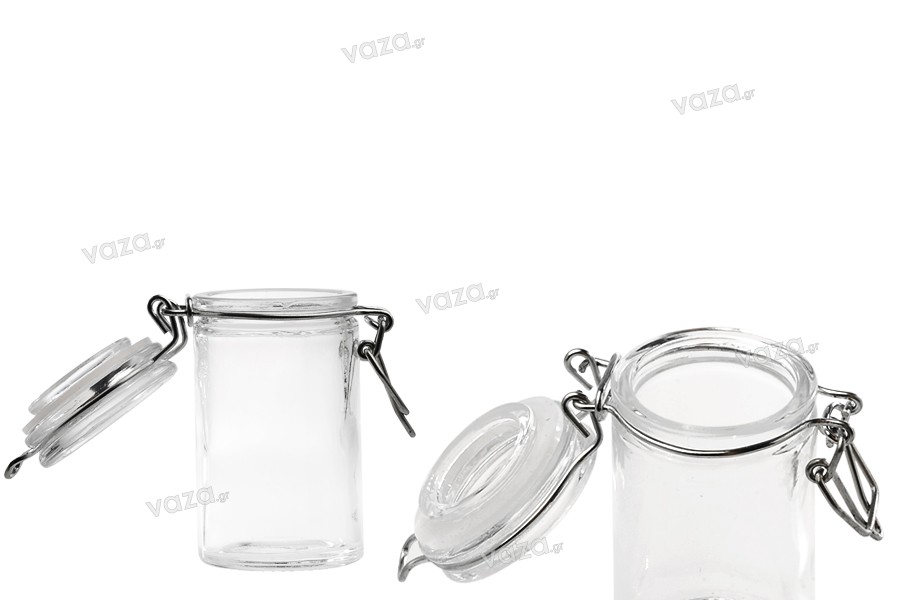 Sticlă de sticlă de 60 ml cu sticlă rotundă de 85 x 45 mm cu închidere etanșă (sârmă și cauciuc transparent pe capac)