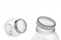 600ml tilted glass jar with a transparent silver plastic cap. The jar stands upright or tilted