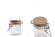 40ml round glass jar with airtight wooden lid in size 64x45 mm (lid with rubber seal and stainless wire)