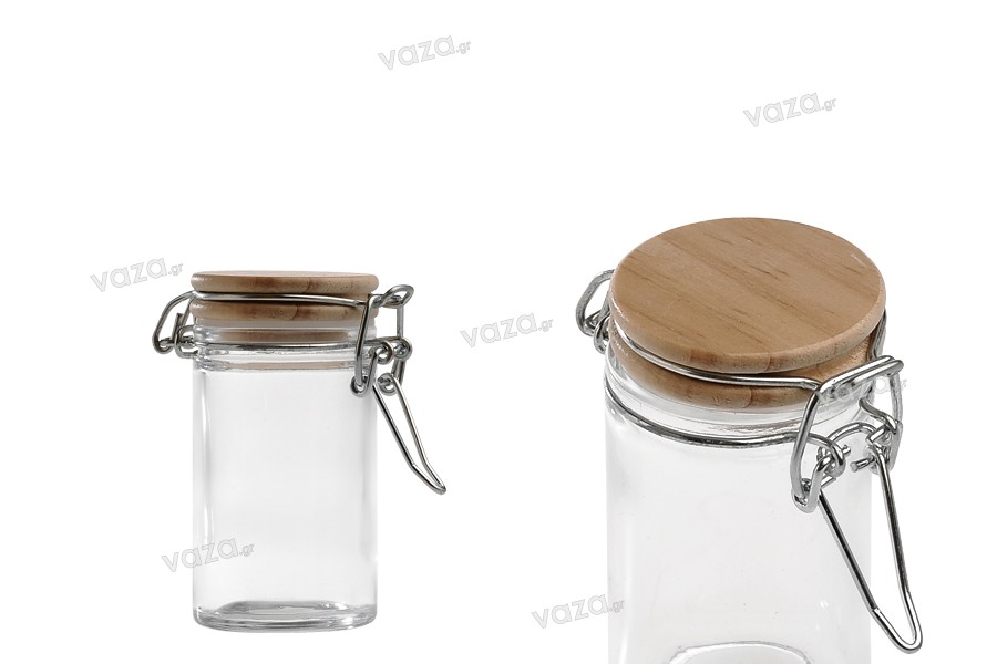 60ml round glass jar with airtight wooden lid in size 85x45 mm (lid with rubber seal and stainless wire)