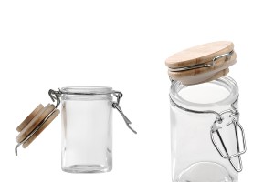 Pot en verre rond de 60ml 85 x 45 mm avec couvercle en bois et fermeture hermétique (fil de fer et caoutchouc sur le couvercle)-εικόνα_διαστάσεις