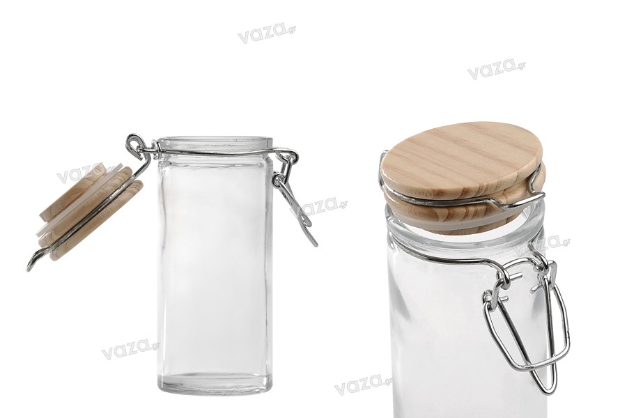90ml round glass jar with airtight wooden lid in size 108x45 mm (lid with rubber seal and stainless wire)