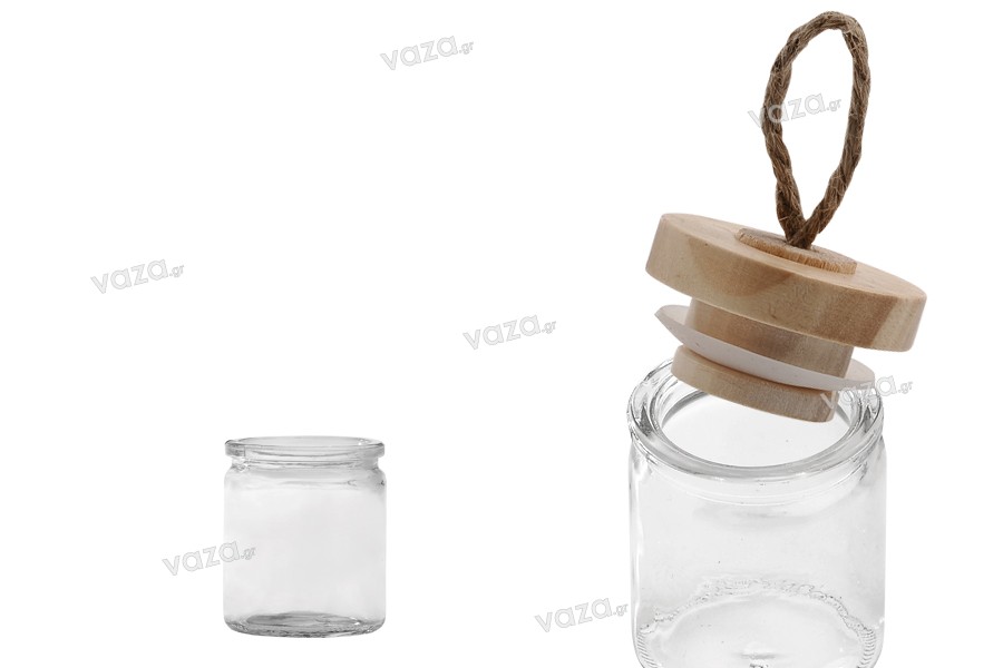 40ml round glass jar with wooden lid and rope loop handle on the lid in size 62x45mm