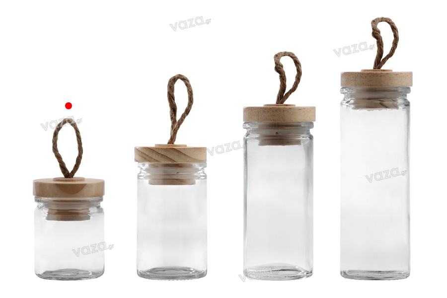 40ml round glass jar with wooden lid and rope loop handle on the lid in size 62x45mm