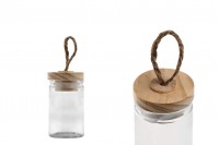 60ml round glass jar with wooden lid and rope loop handle on the lid in size 83x45mm