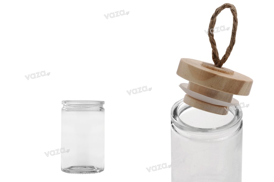 60ml round glass jar with wooden lid and rope loop handle on the lid in size 83x45mm