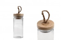 90ml round glass jar with wooden lid and rope loop handle on the lid in size 106x45mm