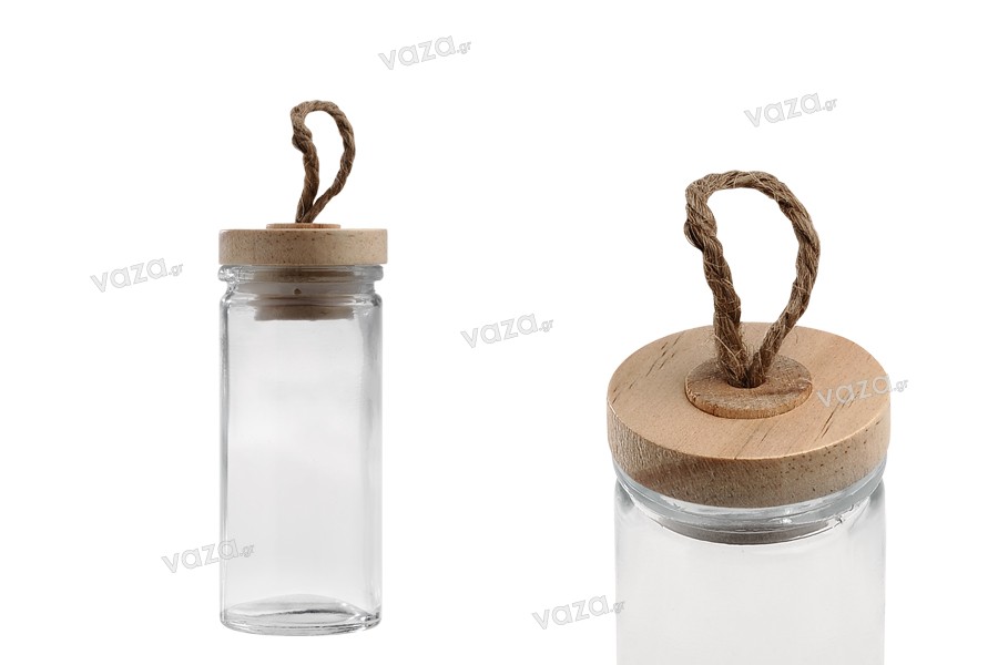 90ml round glass jar with wooden lid and rope loop handle on the lid in size 106x45mm