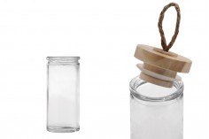 90ml round glass jar with wooden lid and rope loop handle on the lid in size 106x45mm