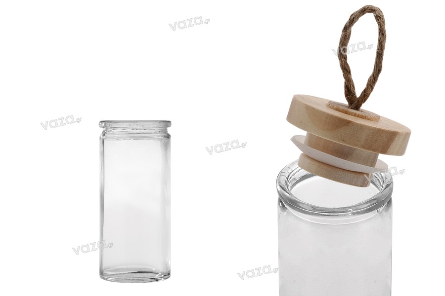 90ml round glass jar with wooden lid and rope loop handle on the lid in size 106x45mm