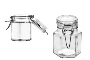 Pot en verre hexagonal de 100ml 53 x 80 mm avec fermeture hermétique (fil et caoutchouc sur le couvercle)-εικόνα_προϊοντική