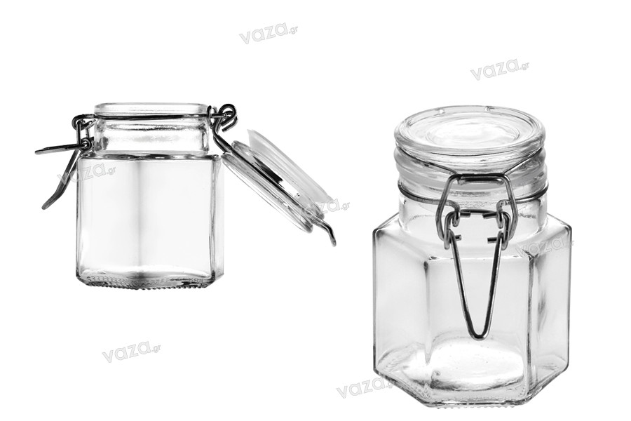 100ml hexagonal glass jar with airtight lid in size 53x80 mm (lid with rubber seal and stainless wire)
