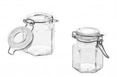 100ml hexagonal glass jar with airtight lid in size 53x80 mm (lid with rubber seal and stainless wire)
