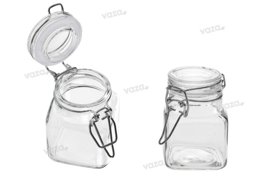 Borcan de sticlă de 100 ml de 54 x 76 mm cu închidere etanșă (sârmă și cauciuc pe capac)