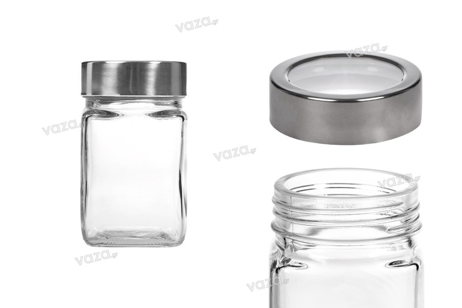 Petit pot carré de 270ml en verre 65 x 110 mm avec couvercle en argent-transparent