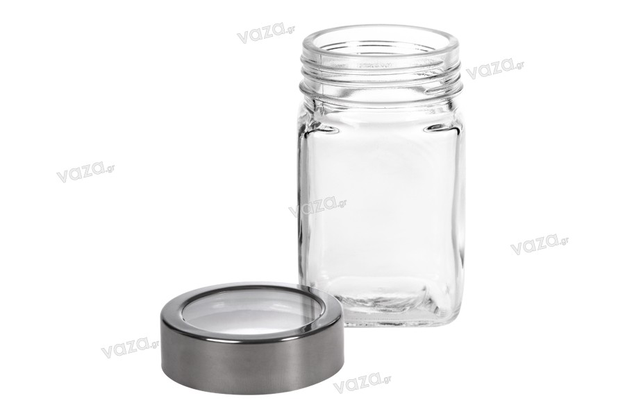 Petit pot carré de 270ml en verre 65 x 110 mm avec couvercle en argent-transparent